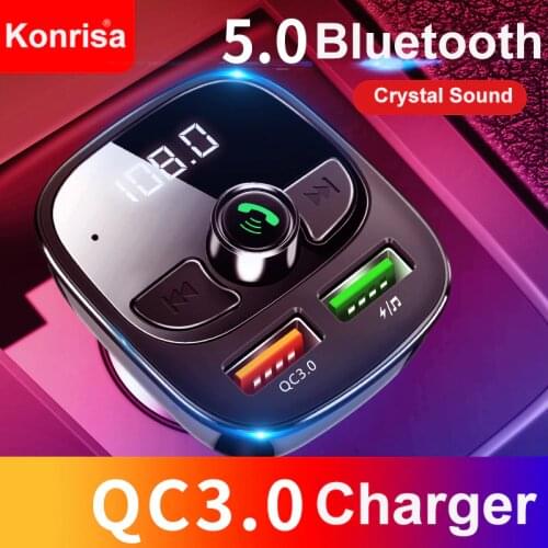 Konrisa In Car Bluetooth Music Player FM Transmitter Modulator Adapter QC3.0 Fast Charger Dual USB Support TF Card USB-disk