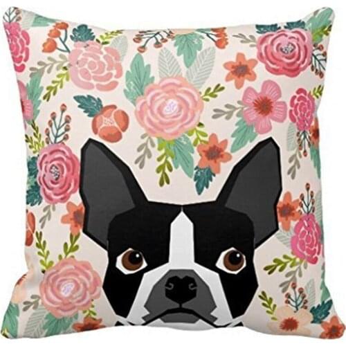 Boston Terrier Cute Flower Print Pet Portraits Throw Pillow Case