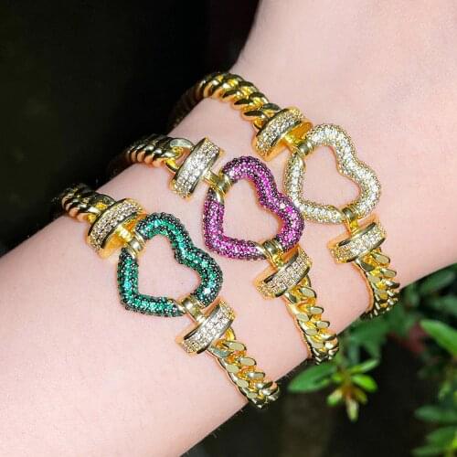 CWWZircons Shiny Cubic Zirconia Pave Cuban Link Chain Love Heart Charm Bracelets for Women Brazilian Gold Punk Jewelry CB261
