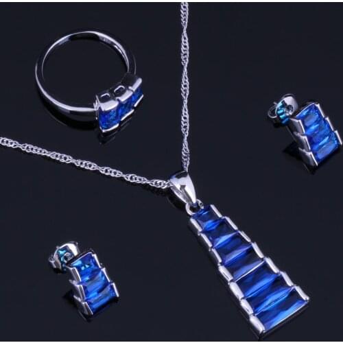 Marvelous Trapezoid Blue Cubic Zirconia Silver Plated Jewelry Sets Earrings Pendant Chain Ring V0963