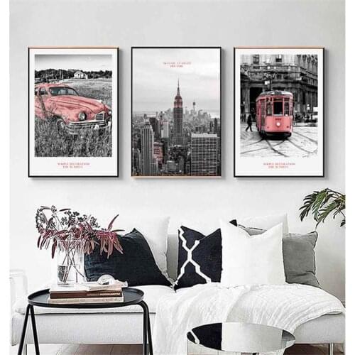 HAOCHU Car Tramcar Tower Pink Canvas Painting For Living Room Home Decor Painting Print Poster Simple Nordic Wall Picture