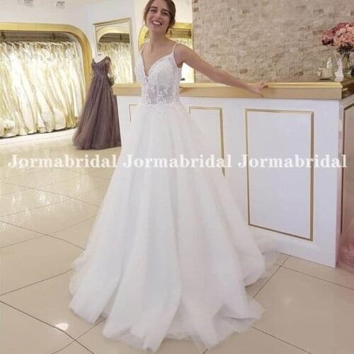 New Design Illusion Lace Boho Wedding Dresses Spaghetti Straps V Neck White Tulle Skirt Long vestido de festa Bridal Gown Custom