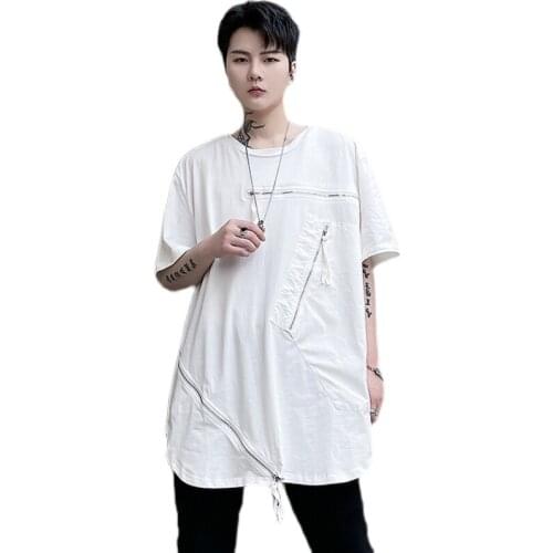 Summer Cool t shirts men with zipper Short sleeve White color Punk rock hiphop style O neck