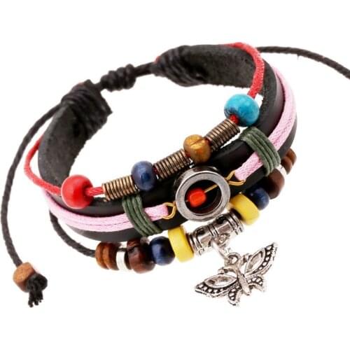 Fashion Vintage Butterfly Leather Bracelet Wrap Handmade Multilayer Rope Beads Charm Bangle Wristband Casual Retro Women Jewelry