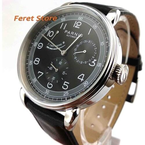 42mm PARNIS Black dial Black leather strap steel case Sapphire glass Classic Power Reserve Indicator automatic mens watch