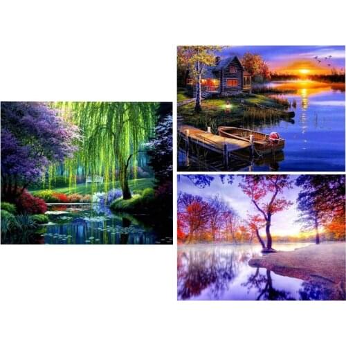 3 Set Diy 5D Diamond Painting Kit Rhinestone - 1 Set River Landscape Tree & 2 Set Sunset Villa in the Woods By the Lake