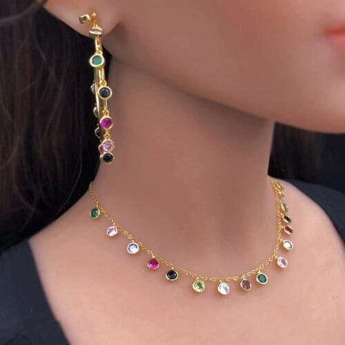Luxury colorful round Bezel Drip Jewelry Set Gold Color Rainbow Choker Necklace Circle Hoop Earrings sets Women party Jewelry