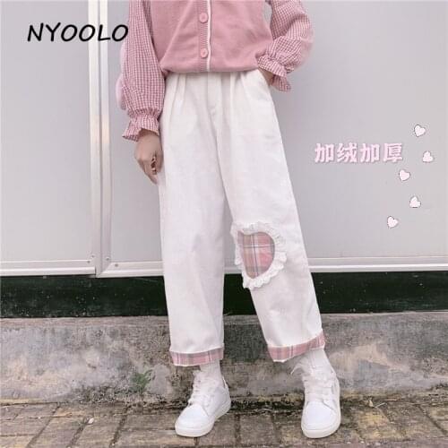 NYOOLO Preppy style girls high waist corduroy plaid patchwork pants Casual plus velvet thick Straight ankle length pants women