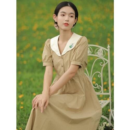 French Retro Khaki Peter pan Collar Dress Womens Pure Cotton Art Girl Summer Short Sleeve Dress Vestido de mujer