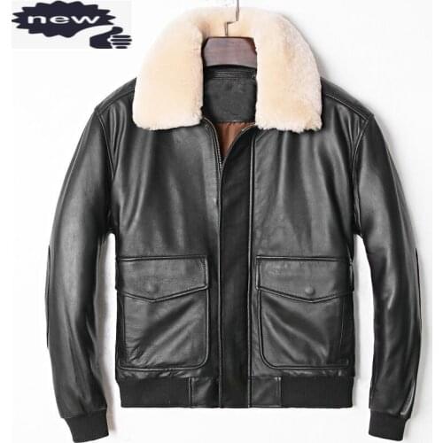 Plus Size Thick Warm Sheepskin Genuine Pilot Mens Turn-Down Collar Detachable Zipper Real Leather Aviator Jacket