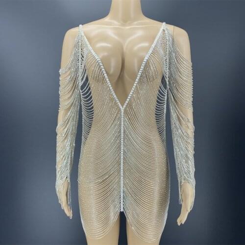 Sexy Stage Costume Off-Shoulder V-Neck Dress Rhinestone Chains Elastic Female Nightclub Singer DJ Performance Clothing VDB4068