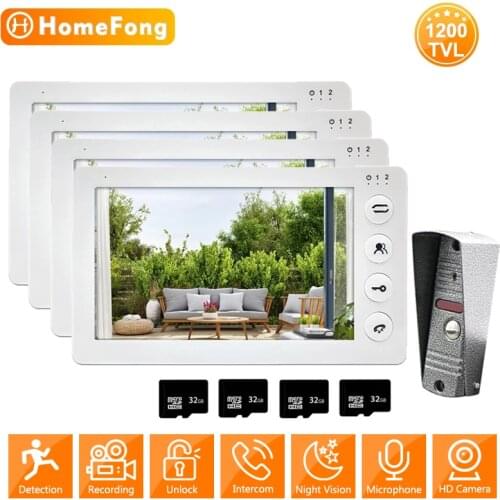 HomeFong 7 Inch Intercom Video Door Phone for Villa 4 Monitors 1 Doorbell Camera 1200TVL IP65 with Motion Sensor Unlock Record