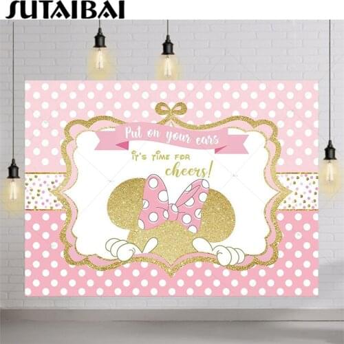 Golden Mouse Cheers Backdrop Pink White Dots Girls Princess Child Baby Shower Happy Birthday Photography Background Vinyl Studio