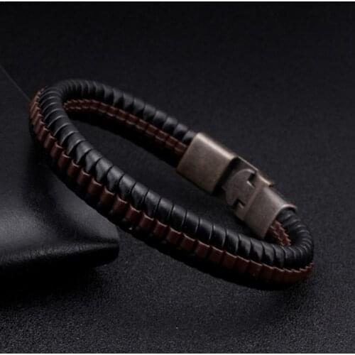 Vintage Double Hand-woven Leather Bracelet Bangles Jewelry Men Steel Gift Button Men F9S0