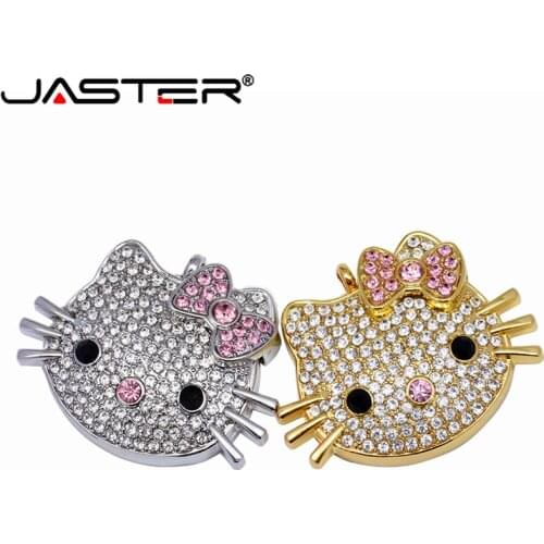 JASTER Fashion hot selling Crystal KT cat head + chain creative USB 2.0 4GB 8GB 16GB 32GB 64GB External Storage USB flash drive