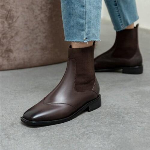 Brand Women 100% Genuine Leather Shoes Woman Thick Heeled Zipper Motorcycle Boots Women Autumn Winter Boots