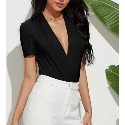 Women Summer Solid Color Sexy Deep V Neck Short Sleeve Bodysuit Slim Beach Holiday Simplicity Streetwear Temperament Bottomshirt