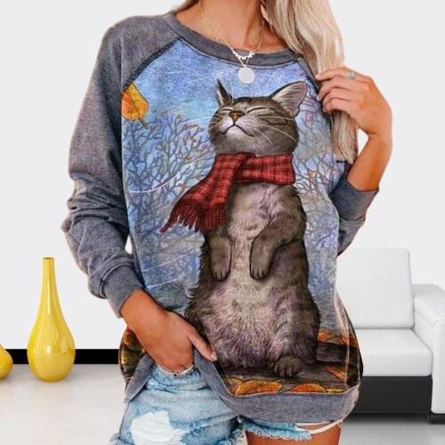 Women Hoodies O Neck Long Sleeve Leaves Cats Print Blouse Top Autumn Winter Sweatshirt Pullovers толстовка ropa de mujer 2020