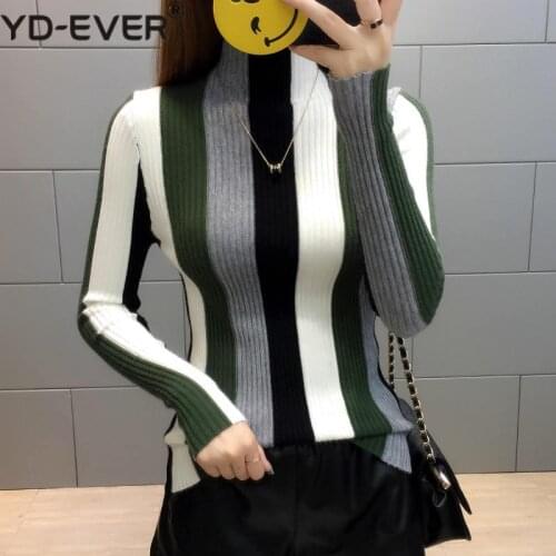 YD-EVER Rainbow Stripe Sweater Contrast Knitted Pullover 2020 Long Sleeve Turtleneck Knitwear Fashion Slim Women Jumper 34381
