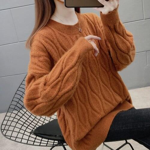 Fashion Twist Sweater Women Autumn Winter Long Sleeve Top Loose Knitted Pullovers O-Neck Thicken Warm Vintage Clothes