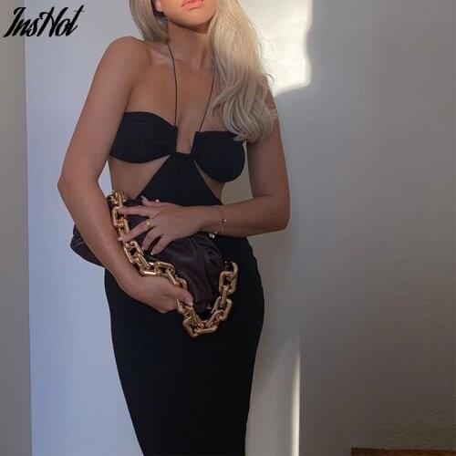 2021 Summer Spaghetti Strap Halter Sexy Backless Midi Dress Elegant Bandage Sleeveless Club Party Dresses Bodycon