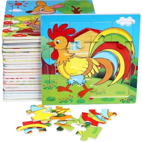 16PCS Puzzle Wooden Building Blocks Jigsaw Toys for Children Baby Early Educational Toys Cartoon Animals 15cm 2-5 Year Kids Gift