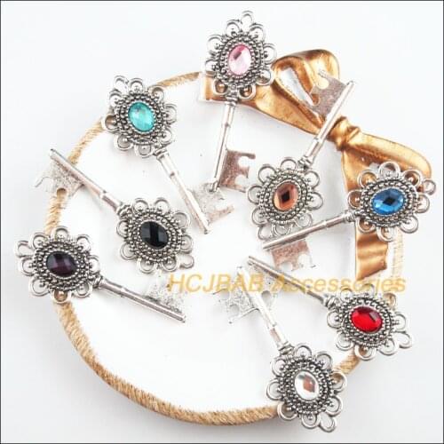 8Pcs Tibetan Silver Tone Retro Key Oval Mixed Crystal Charms Pendants 20x49.5mm