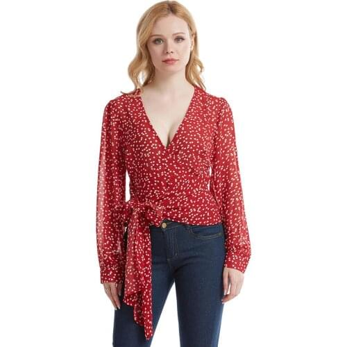 S-3XL Women Chiffon Blouse Elegant Formal Fashion Sexy V Neck Heart Print Waist Lace Up Long Sleeve Shirt Blouse female blusas