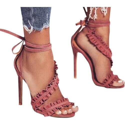 INS sexy lady high heel peep toe lace cross strap stiletto lace up high heel sandal more color custom make leather Ruffle sandal