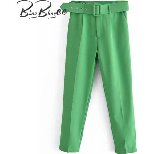 BlingBlingee Za 2021 Summer Autumn Woman Trousers Traf Thin Style High Waist Ankle Length Career Pants Belted Straight Pants
