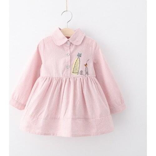 2019 children spring clothing Kids Girls new fashion long sleeve cute cartoon print striped cotton Dress 3-8 years