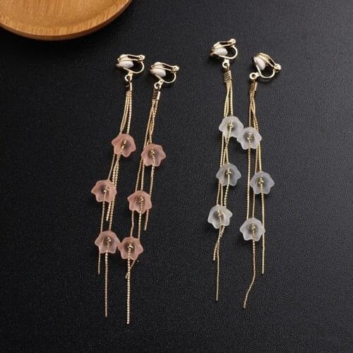 Clip On Long Earrings Flower Drop Dangle Gold Color Chain Elegant Clip Earrings Without Pierced Ear For Women Girls Bridesmaid