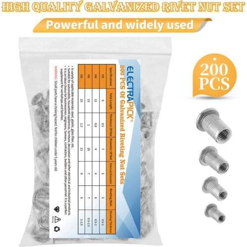 ELECTRAPICK 200Pcs Rivet Nut Stainless Steel M3/M4/M5/M6 Flat Head Threaded Rivet Insert Nutsert Rivet Nut Assortment Kits Set