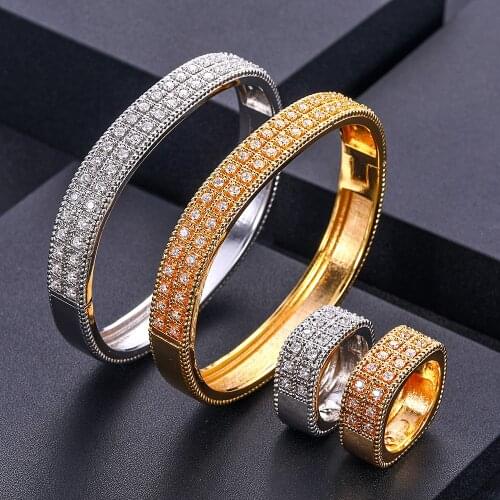 Janekelly luxury Unique African Bangle Ring Set Jewelry Sets For Women Wedding Cubic Zircon Crystal CZ Dubai Bridal Jewelry Set