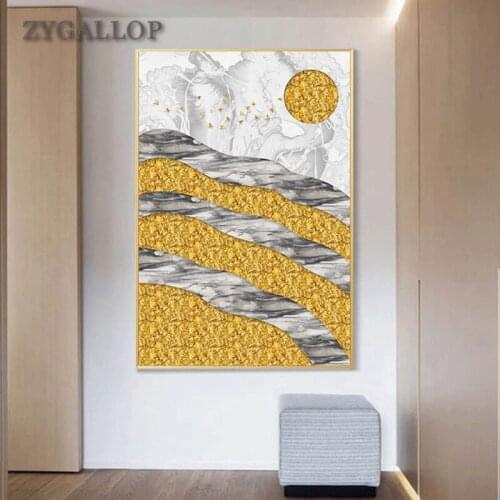 Golden Sun and Marbling Canvas Painting Nordic Wall Art Pictures Abstract Mountain Landscape Posters Modern Home Decor Cuadros