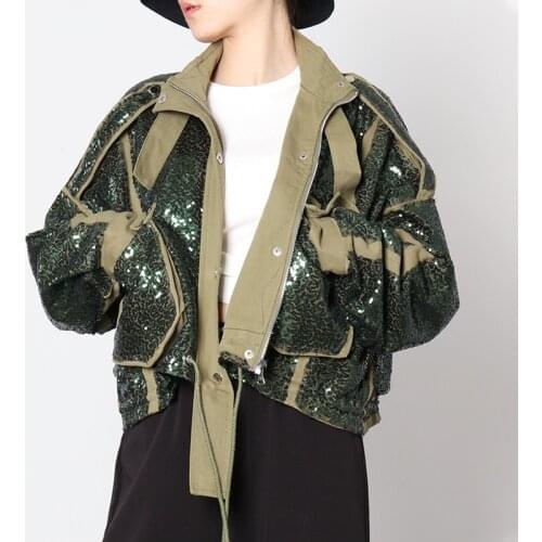 Fashion Sequins Women Jacket Loose Short Coat Pocket Zipper Stand collar Bomber Jacket Streetwear Female Long Sleeve Jackets