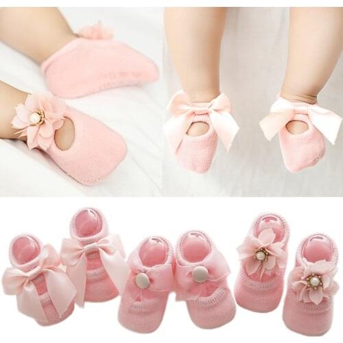 3 Pairs/Lot Lace Flower Newborn Baby Socks Cotton Anti-Slip Kids Floor Socks Bow toddler Girl Socks Spring Girls Gift sokken