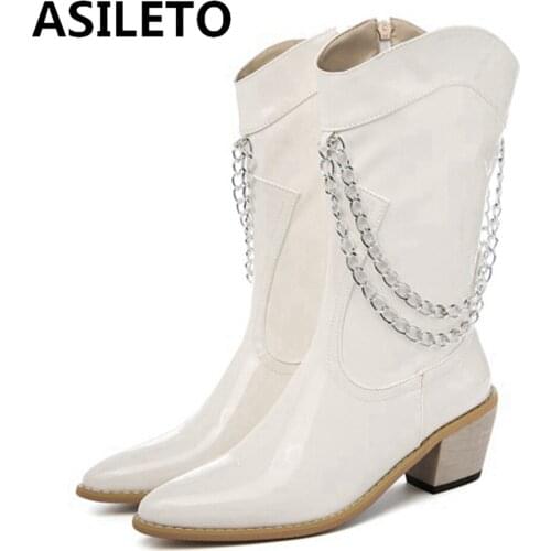 New Shiny Patent Leather Mid-calf Boots Wedge Chunky Heels Zip Western Boots Woman Cowgirl Cowboy Boot Metal Chain 46 S2347