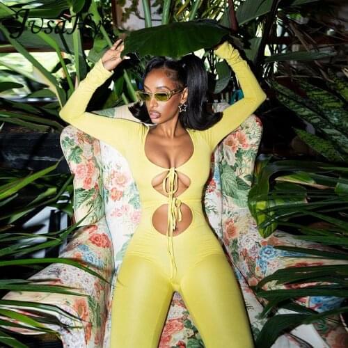 JuSaHy Autumn Solid Hollow Out Womens Jumpsuit Sexy Long Sleeves Drawstring Slim Skinny Rompers High Streetwear Female Outfits