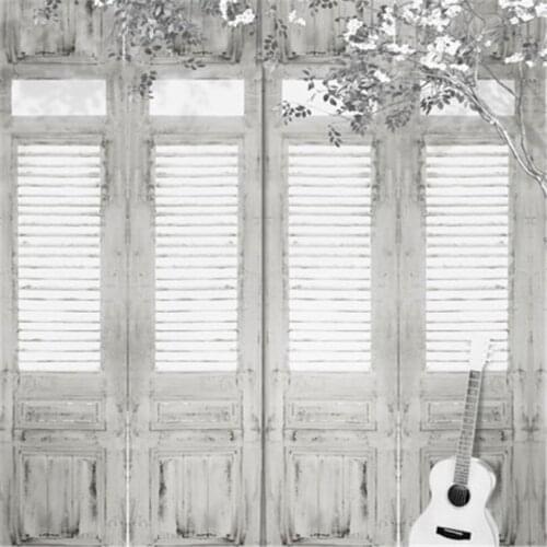 Custom Photography Backdrops White Wood Door with Guitar Flower Tree Photo Background Cloth for Photo Studio Wedding Backdrops