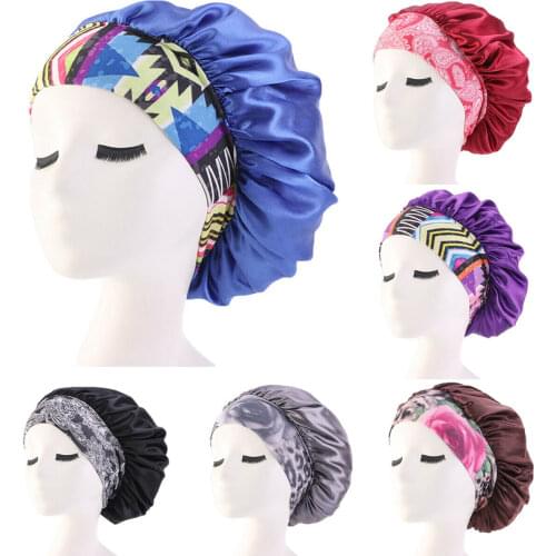 Women Satin Night Beauty Salon Sleep Cap Cover Hair Bonnet Hat Silk Head Wide Elastic Band For Curly Springy Hair Chemo Cap