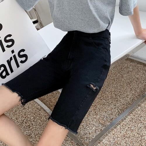 Trendy New Summer Women Straight Hole Tassel Black Denim Shorts Streetwear Female High Waist Slim Fit Ladies Jeans Shorts