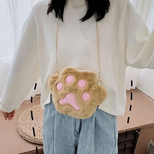 Cute Bear Paw Girls Chain Zipper Shoulder Bag Lovely Childrens Soft Plush Coin Purse Baby Boys Accessories Small Crossbody Bags