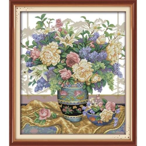 Oriental Vase Cross Stitch Kits Embroidery Needlework Sets DMC Counted Cross Stitch Flowers Beautiful Printed Cross Stitch Kits