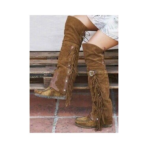 Drop Shipping Girls Fashion Flat Fringed Round Toe Over The Knee Boots Retro Rivets Buckle Decoration Long Boots Shoes Woman