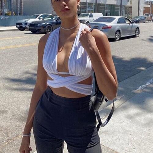 Women Sexy Deep V Neck Backless Bandage Tank Tops Vest Elegant Solid Lace Up Hollow Out Holiday Club Fashion Crop Top Streetwear