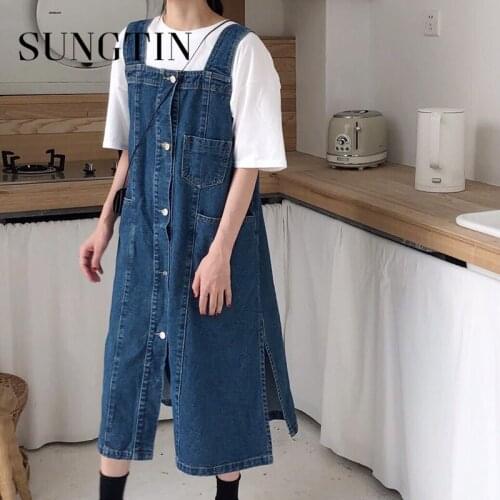 Sungtin Denim Strap Dress Women Vintage Chic Loose Spaghetti Strap Long Dress Elegant Korean Chic Sleeveless Vestido De Mujer BF