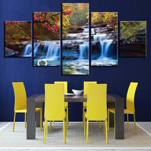 Wall Art Canvas Painting Home Decor 5 Pieces Forest Lake Waterfall Scenery Pictures Tree Flower Swan Poster Home Decor Framework