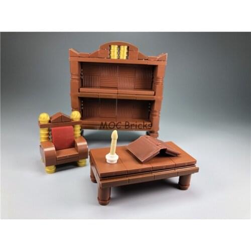 2sets/lot MOC Bricks DIY Brown Classical desk and chair and Bookshelf Building Blocks Assembled Toys for children kids Xmas gift