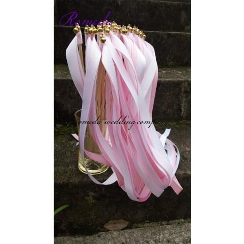 50pcs/lot (2pcs light pink +1pc pink) stain ribbon wedding wands ;cheap wedding ribbon streamers for wedding party